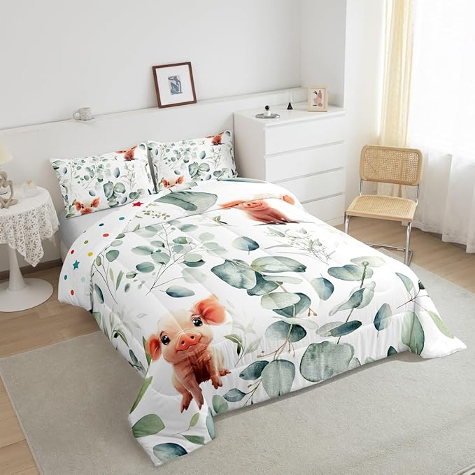 Erosebridal Kawaii Pig Twin Size Comforter Set for Boys Girls Cartoon Animal Bedding Set, Eucalyptus Leaves Down Comforter Farm Wildlife Bed Set, Tropical Botanical Plants Quilted Duvet