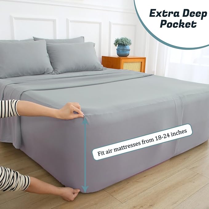 Queen Sheet Set for Air Mattress, 6 Piece Air Bed Sheets Set with 18-24 Inches Extra Deep Pocket, Soft & Breathable Inflatable Bed Sheet Set with Flat Sheet, Fitted Sheet and Pillowcases, Grey
