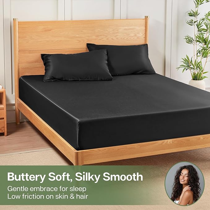 MR&HM California King Fitted Sheet, Ultra-Soft Rayon Derived from Bamboo & Polyester Blend, Silky & Breathable, 15" Deep Pocket with Elastic Straps, Cooling Fitted Sheet for Hot Sleepers, Black