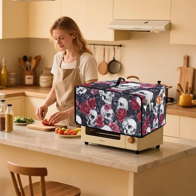 Skull Red Rose Print Microwave Oven Dust Cover Toaster Oven Cover with Top Handle Dust-Proof Kitchen Appliance Protector Dirt and Fingerprint Protection, L