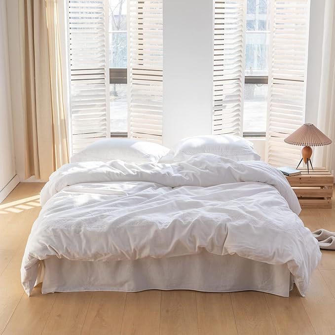 BISELINA French Linen Bed Skirt with Pleated Corner 14-Inch Tailored Drop Natural Flax Cotton Blend Basic Dust Ruffle Soft Cozy Farmhouse Bedding (14" King, Basic White)