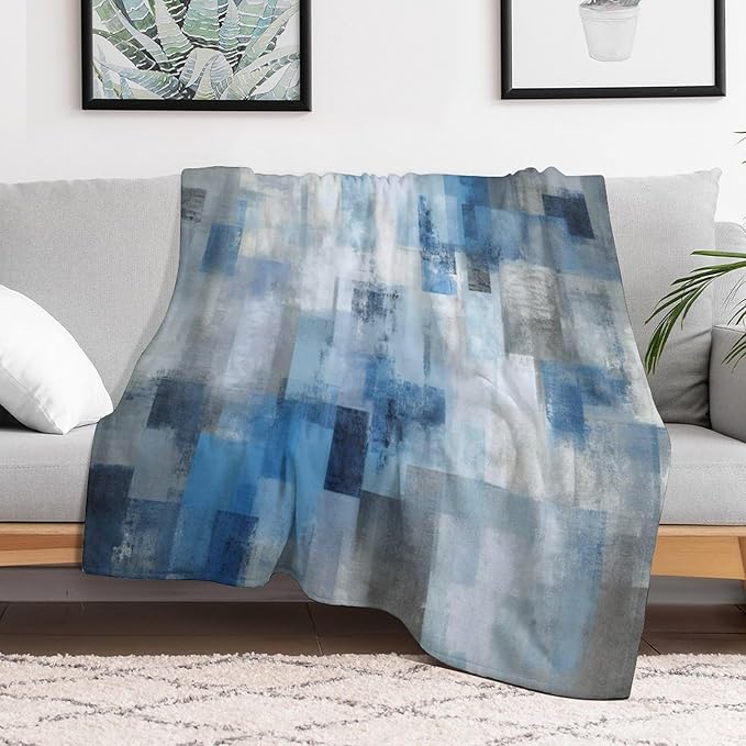 Fashion Gradient Blanket, Modern Art Abstract Blue Grey Check Painting Strokes Pattern Soft Warm Cozy Plush Flannel Covers for Livingroom Bedroom Couch Chair Camping Travel Home Decor Tapestry 50x60in