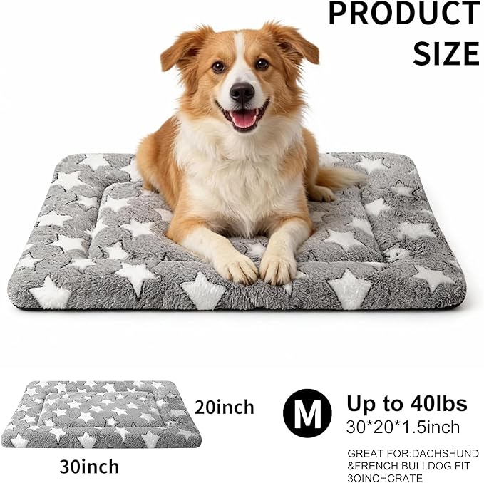 Dog Crate Mat, 4 Piece Reversible Pet Bed, Polyester, Machine Washable, Small Dogs & Cats, Rectangular, 24 x 18 x 1.3 Inches (Gray Star, 30" L x 20" W x 1.5" Th)