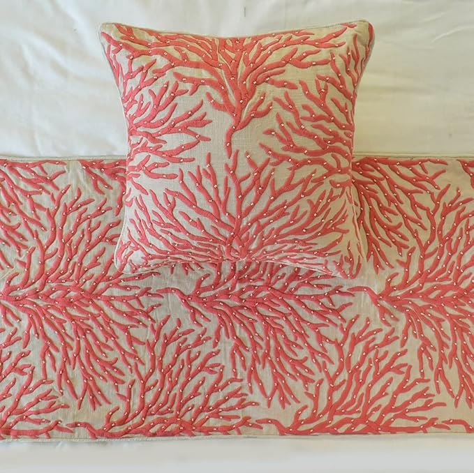 The HomeCentric King/Queen/Twin Coral, Peach & Pink Designer Full 68"x18" Bed Runner with Pillow Cover, Coral Embroidery, Pearl, Under The Sea & Beach Theme on Linen Fabric - Coraline Pearls
