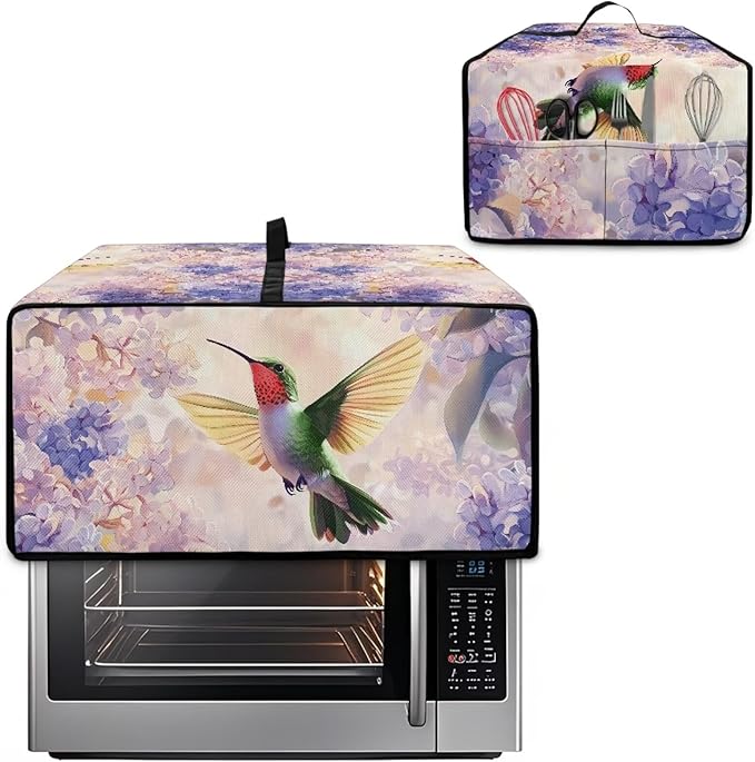 Hummingbird Hydrangea Floral Print Dust Cover for Microwave Oven Waterproof Heavy Duty Microwave Oven Cloth Cover with Storage Pockets Kitchen Appliance Protector, L