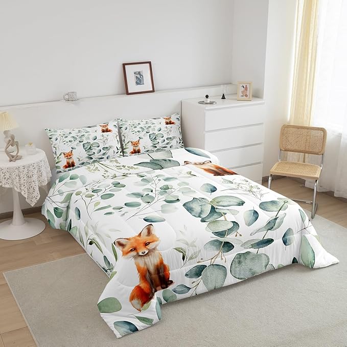 Erosebridal Girls Cartoon Animal Queen Size Comforter Set for Kids Toddler Kawaii Fox Bedding Set, Woodland Wildlife Down Comforter Jungle Wild Fox Bed Set, Botanical Green Eucalyptus Quilted Duvet