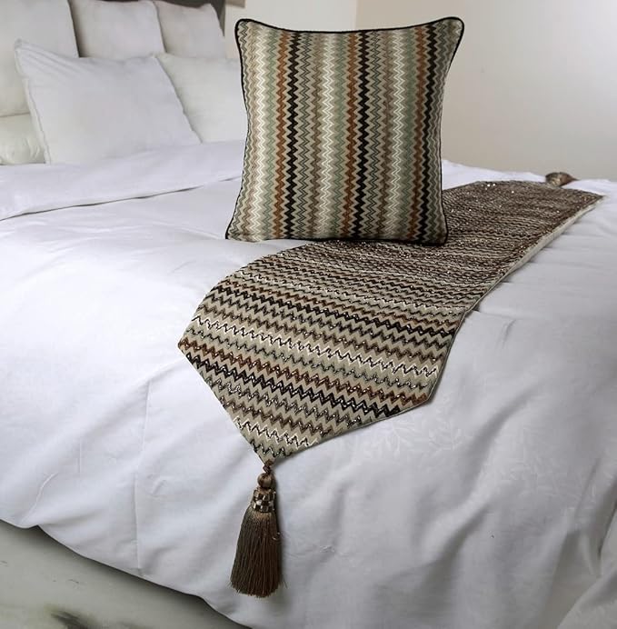 The HomeCentric Decorative Designer Handmade Bed Runner with 2 Decorative Throw Pillow Cover, 90 x 18 Inch Velvet Designer King Size Bed Scarf with Tassle & Bead Embroidered Bed Linen - Chevron Fun