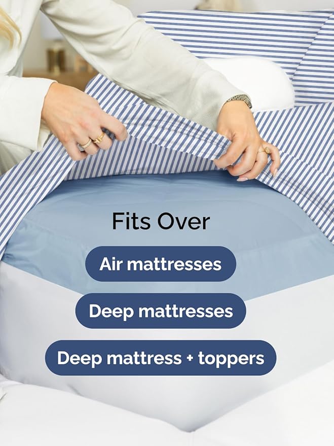 Extra Deep King Fitted Sheet - Hotel Luxury Single Fitted Sheet Only - Easily Fits 18 inch to 24 inch Mattress - Ultra Soft, Wrinkle Free with Extra Deep Pockets - Breathable & Comfy - Blue Stripes