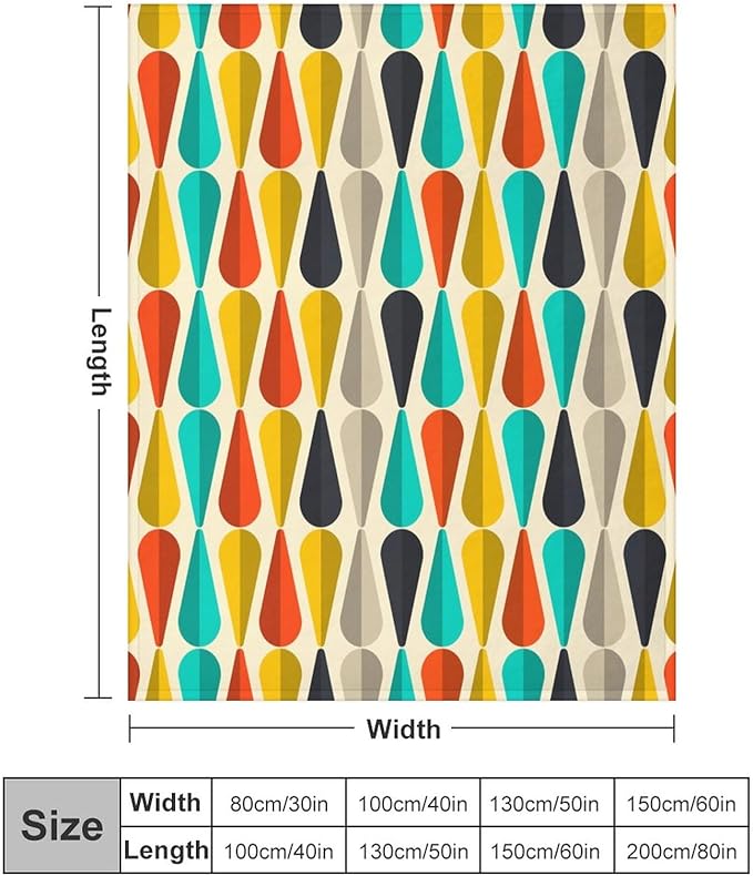 Mid Century Throw Blanket, Modern Drop Shape Retro Colors Boho Orange Teal Black Geometric Pattern Throws Blankets for aby Toddler Dog Cat 50"x60"