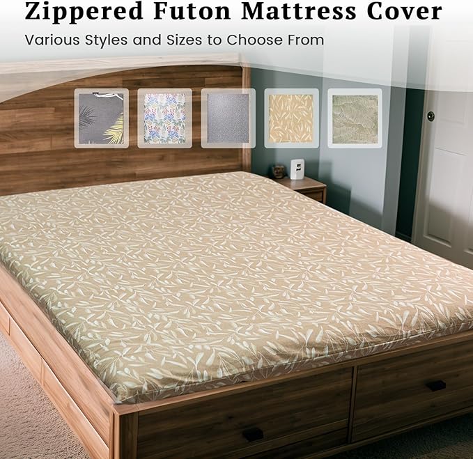 ZonLi Futon Mattress Cover Full Size for Traditional Japanese Floor Futon Mattress with Zipper,Tatami Floor Sleeping Mat Cover,Super Soft and Machine Washable (54‘’x84‘’, Beige Leaves)