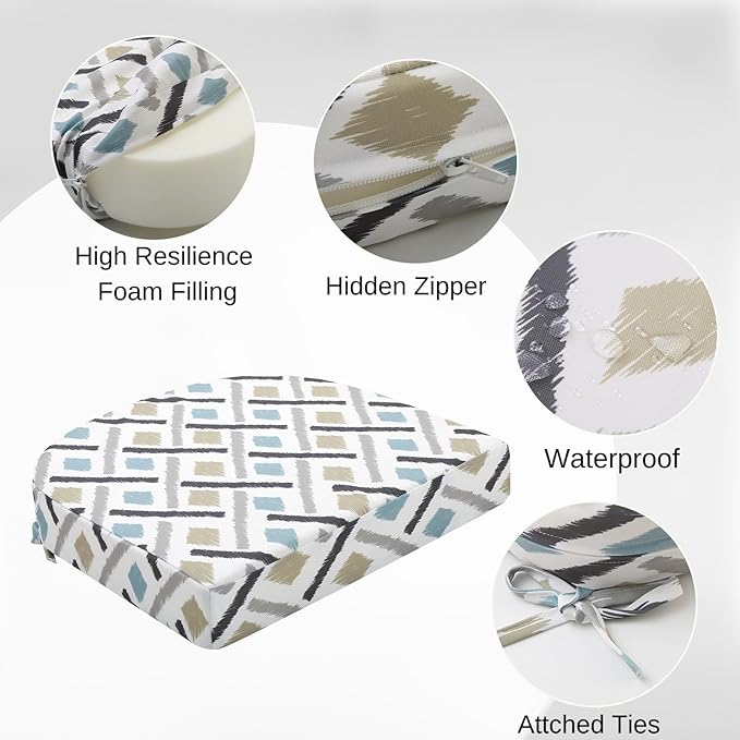 idee-home Outdoor Chair Cushions Set of 4, Thick 17" x 17" x 3" Outdoor Seat Cushions Patio Furniture Waterproof with Ties, Dining Pads