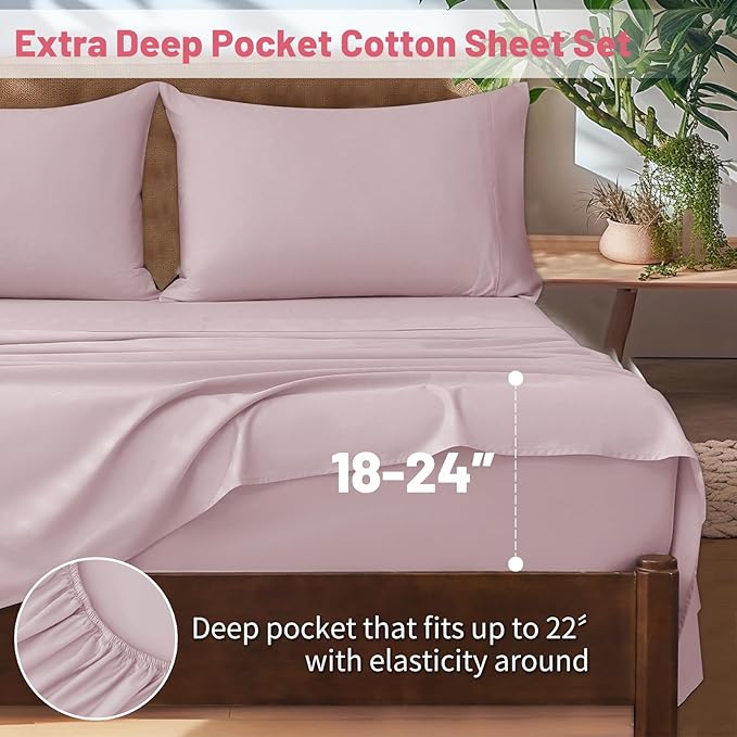 Extra Deep Pocket King Sheets 18-24 Inch 100% Egyptian Cotton 1000 Thread Count Sateen Weave Soft Breathable 4 Pieces（King，Light Pink）