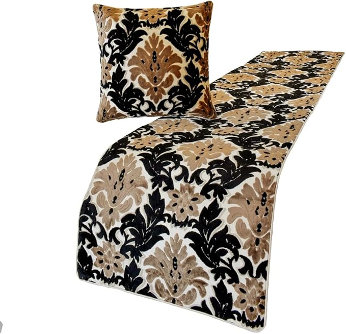The HomeCentric King/Queen/Twin Brown Decorative King 90"x18" Bed Runner Without Pillow Cover, Damask Bed Scarf on Velvet Fabric - Victoria