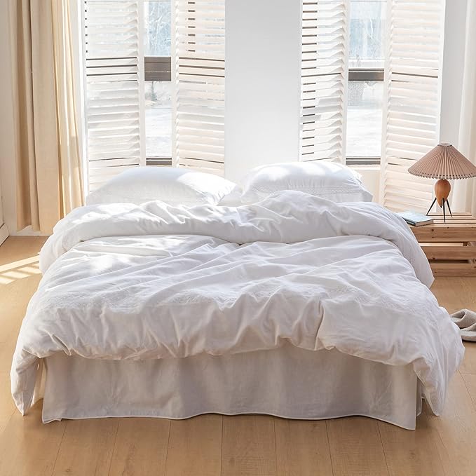 BISELINA French Linen Bed Skirt with Pleated Corner 18-Inch Tailored Drop Natural Flax Cotton Blend Basic Dust Ruffle Soft Cozy Farmhouse Bedding (18" King, Basic White)
