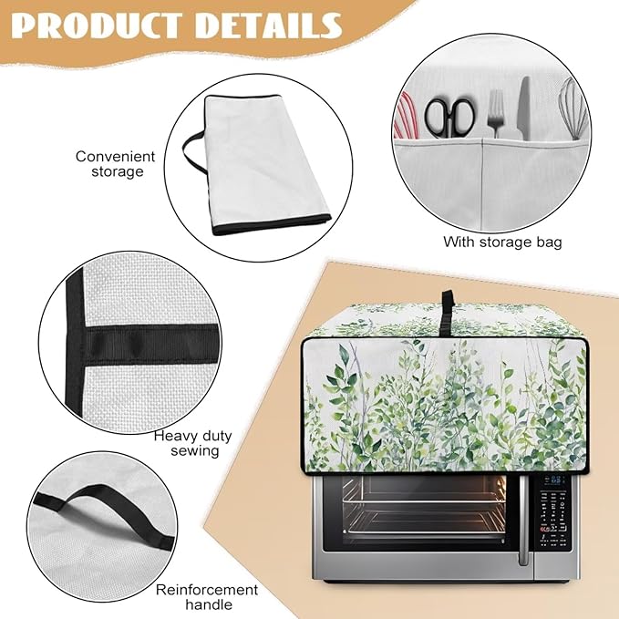 Toaster Oven Dust Cover with Storage Pockets, Dust-Proof Kitchen Appliance Protector for Small Appliances Convection Ovens, L, 18.5 x 22.5 x 13 Inches, Green Leaf White