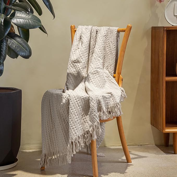 100% Cotton Waffle King Blanket with Fringe 104"x90", Pre-Washed Waffle Weave Blanket for All Season, Lightweight Breathable Soft Cozy Throw Blanket for Couch, Bed, Travel (Beige)