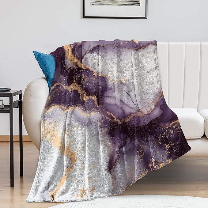 Modern Marble Blanket, Abstract Luxury Baroque Golden Purple White Stone Veins Pattern Soft Warm Cozy Plush Flannel Covers for Livingroom Bedroom Couch Chair Camping Travel Home Decor Tapestry 60x80in