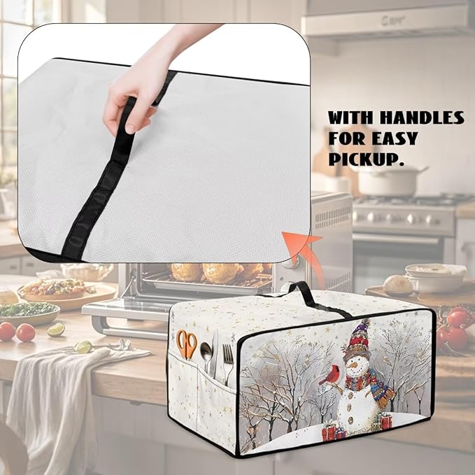 Christmas Air Fryer Toaster Oven Dust Cover Dustproof Convection Oven Cover with Pockets for Small Kitchen Appliances, M, 16.5 x 20.5 x 10 Inches, Snowman Cardinal Bird Tree Star White
