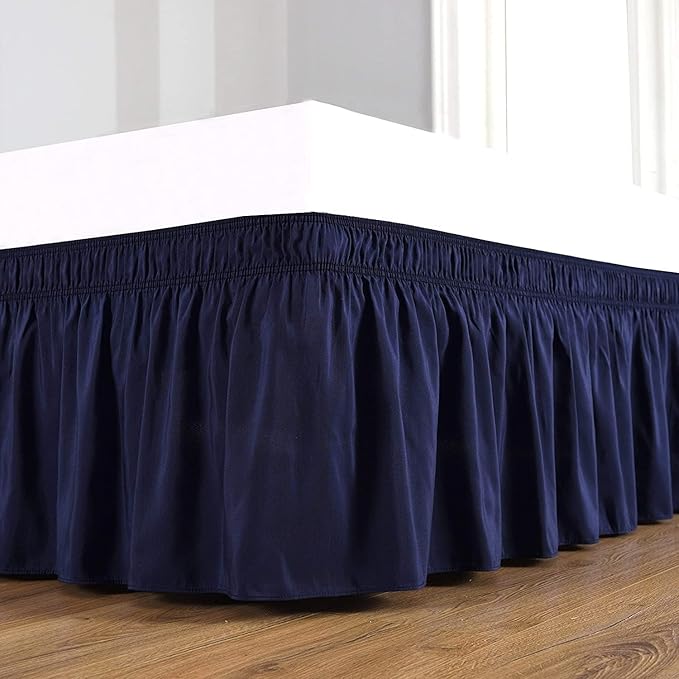 Navy Blue Wrap Around Bed Skirts with 16" Drop - Three Sides Fabric Adjustable Elastic Dust Ruffle Silky Soft -600 TC Stretchy Bed Skirt-Short Queen(60"X 75") Navy Blue