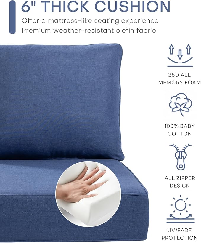 Luxury 22x24/22x25 6-Inch Outdoor Cushions - Water Resistant 1 Set Deat Seat Patio Furniture Cushion for Wicker Dining Rocking Swivel Chairs Loveseat Couch Sectional Sofa - Navy Blue