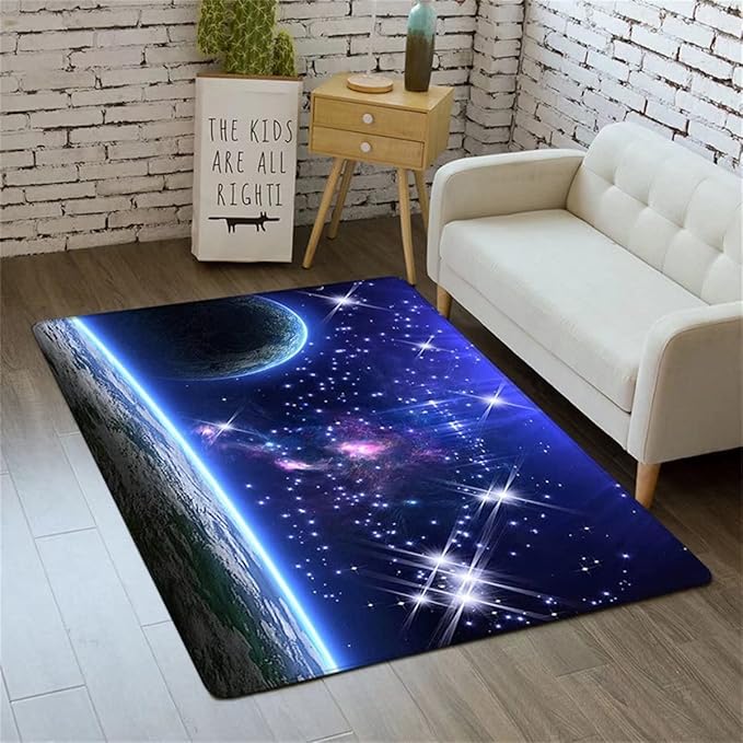 3D Starry Sky Universe Flannel Area Rug for Kids Bedroom Galaxy Planet Printed Living Dinning Room Floor Mats Non-Slip Carpets Washable, 4'×5'