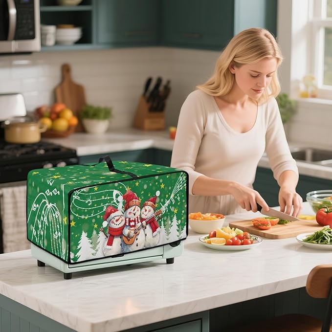 Air Fryer Toaster Oven Cover Fabric Convection Oven Cover with Pockets, Small Appliance Dust Protection for Christmas, S, 14.5 x 18.5 x 9 Inches, Snowman Guitar Musical Note Star Green