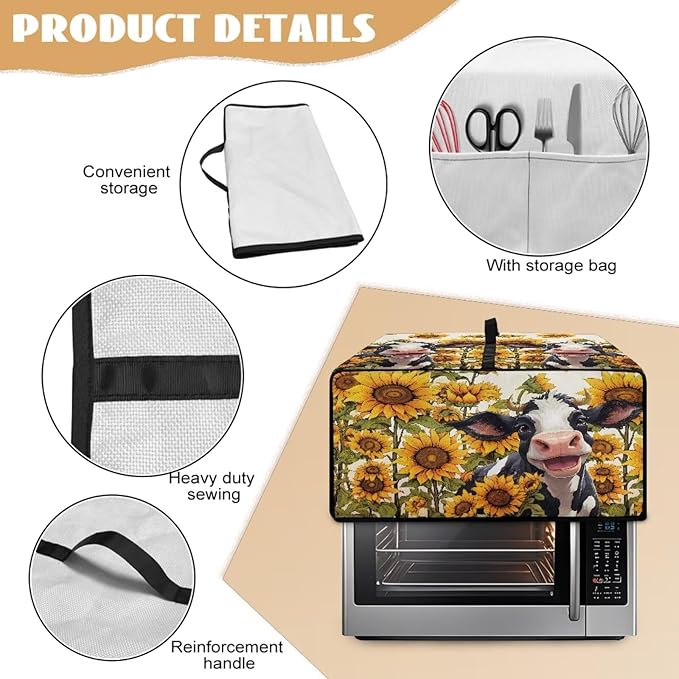 Countertop Convection Oven Cover Dust Protection Air Fryer Toaster Oven Covers with Side Pockets, for Home Kitchen Decor, M, 16.5 x 20.5 x 10 Inches, Cute Cow Sunflower