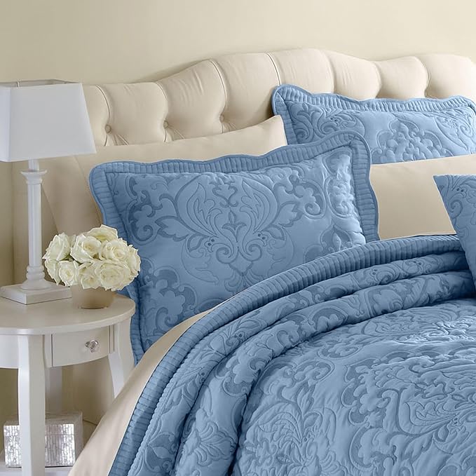 BrylaneHome Bedding Lightweight All Season Modern Amelia Quilted Damask Oversized Ultra Soft Bedspread - Twin, Ashley Blue
