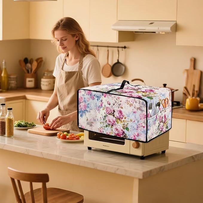 Toaster Oven Dust Cover with Pockets, Stain-resistant Kitchen Electrical Appliance Cover Countertop Ovens Decorations, L, 18.5" x 22.5" x 13", Retro Rose Pink