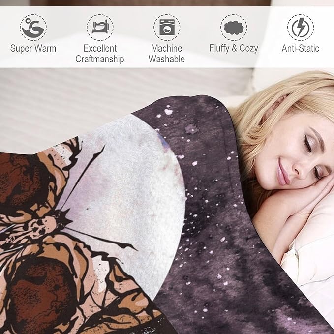 Death Moth Blanket, Boho Gothic Skull Moth Purple Starry Plant Full Moon Mysterious Witchy Throw Blanket for Couch Sofa Office Bed Travelling Bed Throws, 40"x50"