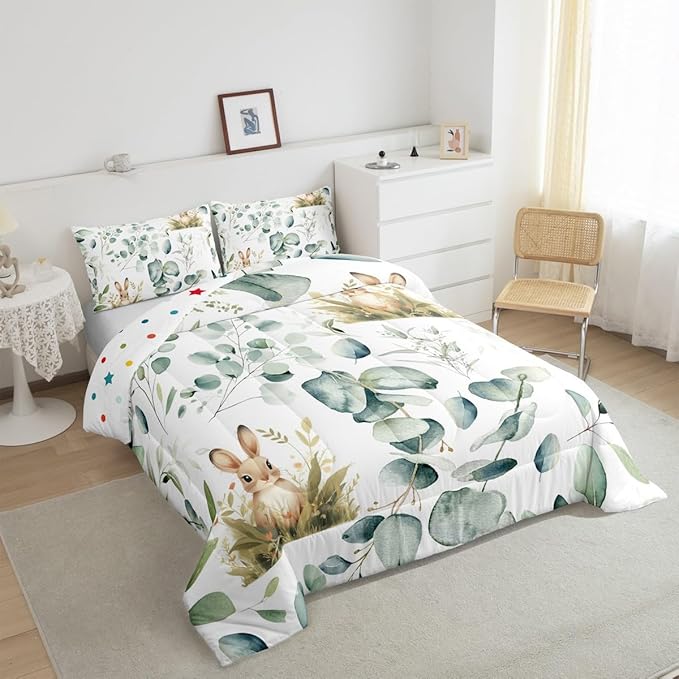 Erosebridal Girls Kawaii Animal Toddler Comforter Set Cute Rabbit Bedding Set, Cartoon Wildlife Bedding Comforter Sets Green Leaf Duvet Set, Spring Plant Quilted Comforter Child Kids Bedroom Decor