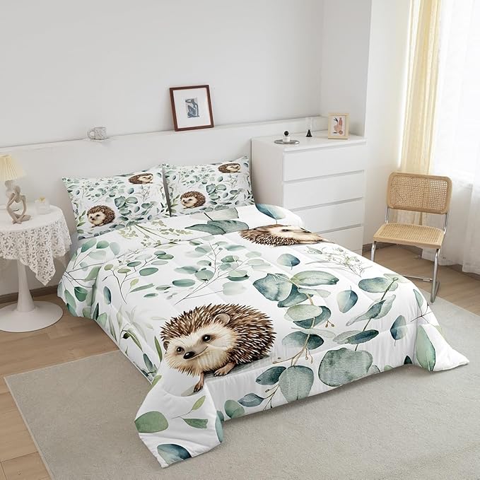 Erosebridal Cute Hedgehog Twin Comforter Set for Kids Child Green Eucalyptus Bedding Set Twin, Woodland Animal Bedding Comforter Sets Plant Leaves Duvet Set, Cartoon Wildlife Quilted Comforter