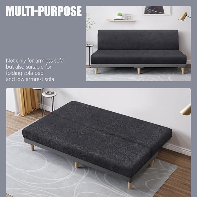 molasofa Leather Like Stretch Futon Slipcover Armless Futon Bed Sofa Cover Furniture Protector with Elastic Bottom, Soft and Washable Futon Cover for Sofa Bed Stay in Place（Larger，Dark Grey）