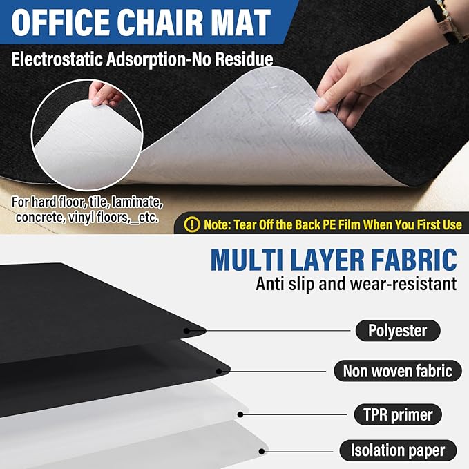 Office Chair mat for Hardwood Floor,55"x35" Anti-Slip Floor Protector for Home Office,Under Desk Mat,Computer Chair mat for Rolling Chairs Charcoal Black
