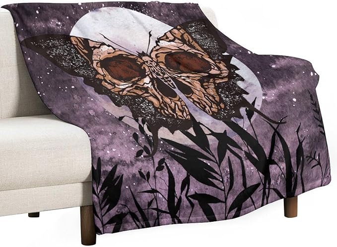 Death Moth Blanket, Boho Gothic Skull Moth Purple Starry Plant Full Moon Mysterious Witchy Throw Blanket for Couch Sofa Office Bed Travelling Bed Throws, 30"x40"
