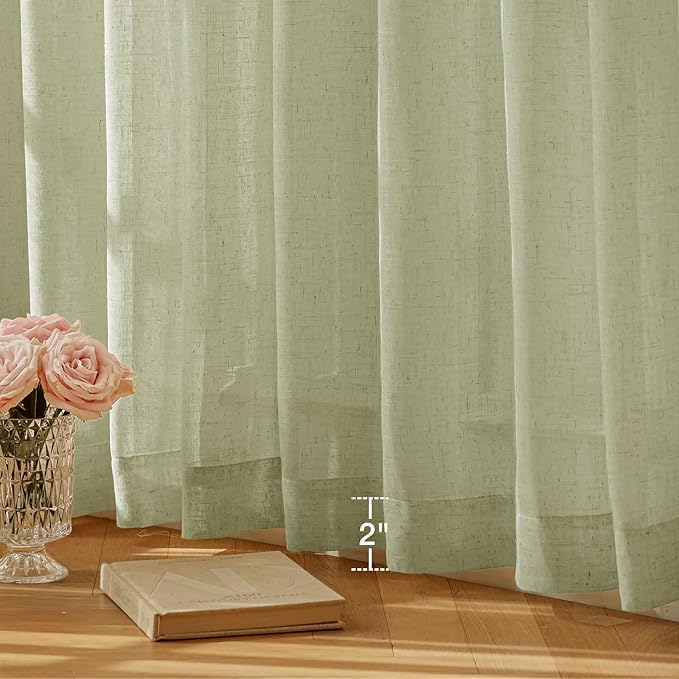 Anmao Natural Linen Curtains for Living Room 102 Inch Length 2 Panels Set, Light Filtering Semi Sheer Window Curtain Drapes for Bedroom with Curtain Rings and Clips, 52 Inch Wide Each Panel, Sage