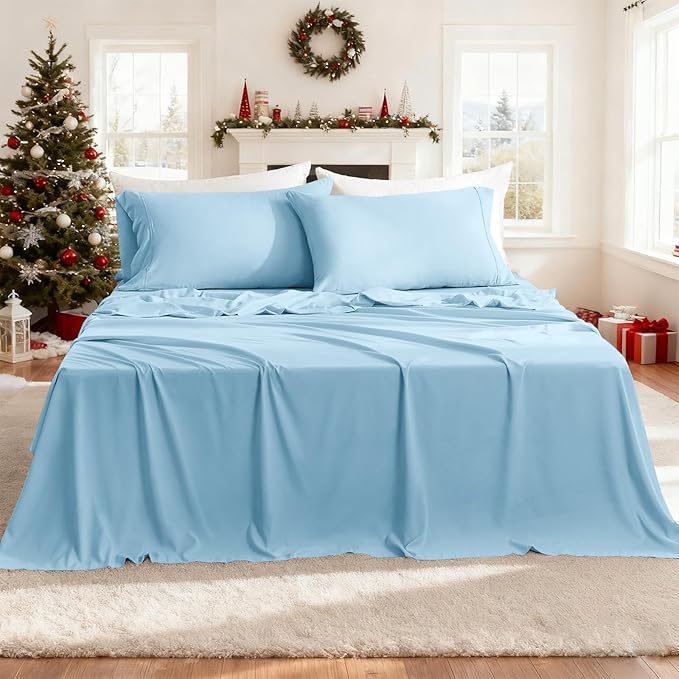 Silky Soft King Sheet Set - Luxury 4 Piece Breathable Cooling Sheets for King Size Bed, 16" Deep Pocket Easy Care Wrinkle Free Bedding Sheet and Pillowcase Set, Sky Blue