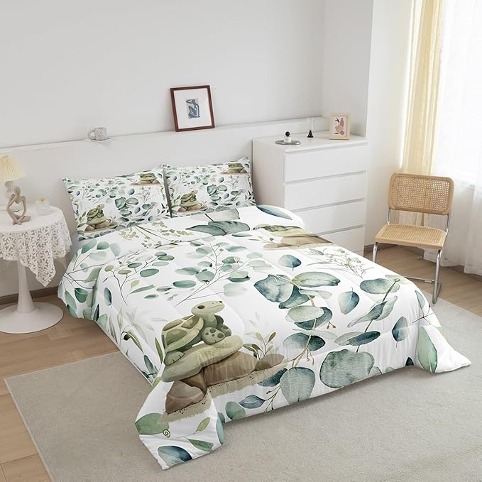Erosebridal Kawaii Turtle Toddler Comforter Set for Boys Girls Cartoon Animal Bedding Set Toddler, Eucalyptus Leaves Bedding Comforter Sets Marine Wildlife Duvet Set, Tropical Plants Quilted Comforter