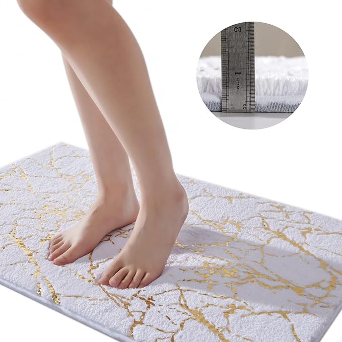 QJHOMO Marble Bathroom Rug White and Gold Decor Bathroom Rugs Non Slip Bath Mat Super Absorbent Microfiber Plush Bathmat Machine Washable Floor Carpet for Tub, Shower, Bedroom 16"x24"