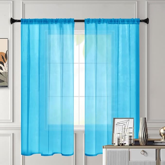 Sheer Curtains 63 Inches Long 2 Panels, Rod Pocket Short Curtain for Kitchen, Bedroom, Cafe Window(Cyan Blue 38" W x 63" L)