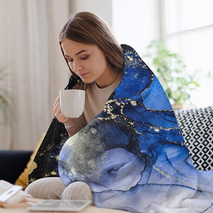 Modern Marble Blanket, Abstract Luxury Baroque Golden Dark Blue Stone Veins Pattern Soft Warm Cozy Plush Flannel Covers for Livingroom Bedroom Couch Chair Camping Travel Home Decor Tapestry 50x60in