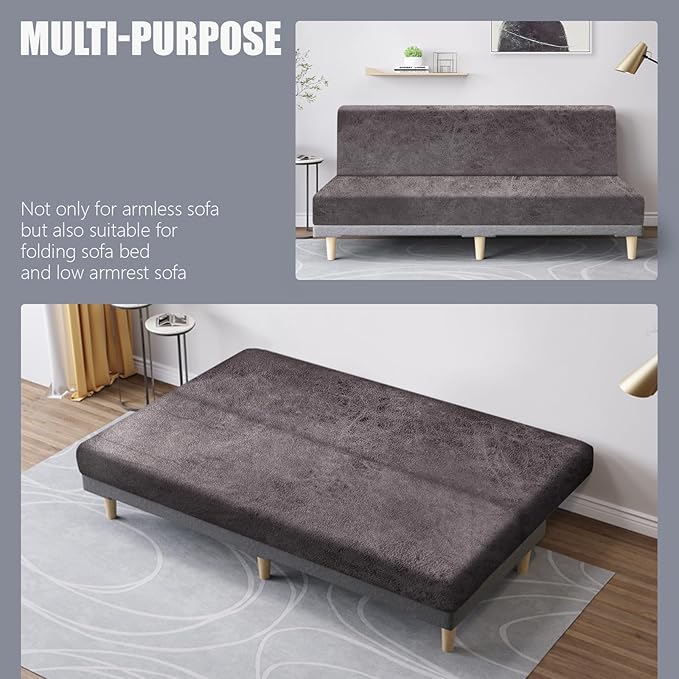 molasofa Leather Like Stretch Futon Slipcover Armless Futon Bed Sofa Cover Furniture Protector with Elastic Bottom, Soft and Washable Futon Cover for Sofa Bed Stay in Place（Larger，Khaki）