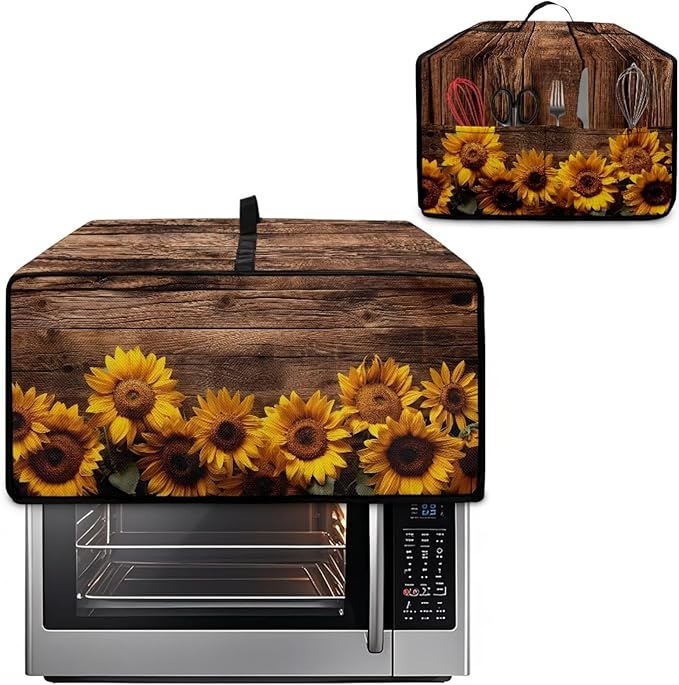 Microwave Oven Cover Vintage Sunflower Wood Grain Print Waterproof Toaster Oven Dustproof Cover Large Size Kitchen Appliance Protector with Storage Bag Machine Washable, L
