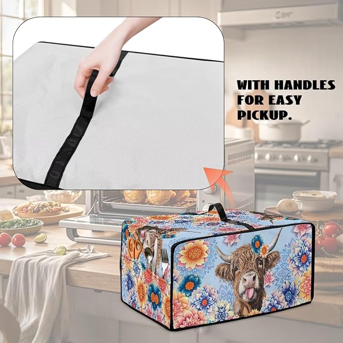 Microwave Oven Cover Heavy Duty Microwave Oven Dust Cover with Storage Pockets Dust-Proof Reusable Decor Accessories for Kitchen, Highland Cattle Boho Mandala Floral Print, S