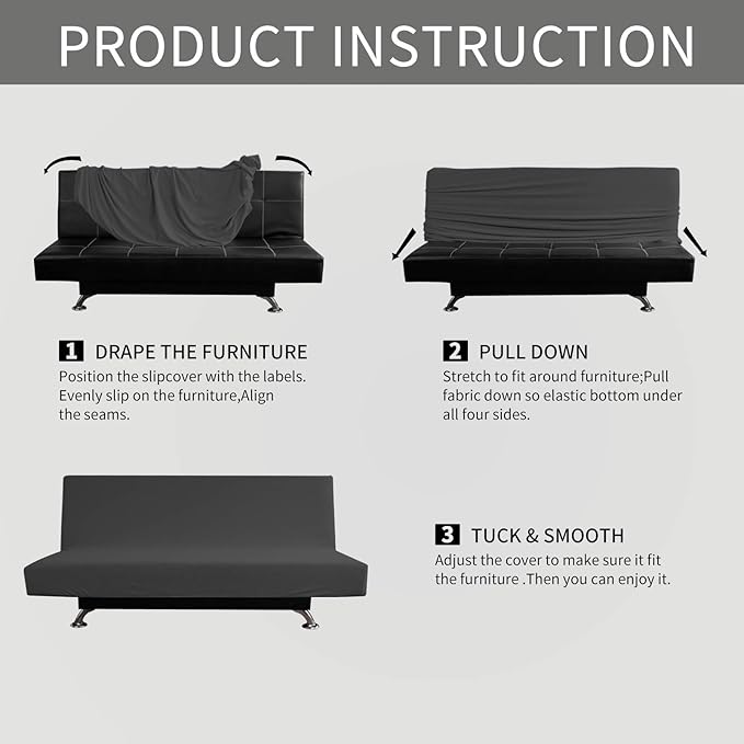 Easy-Going Stretch Futon Slipcover Armless Futon Bed Cover Furniture Protector Without Armrests with Elastic Bottom for Kids, Soft Jacquard Fabric Small Checks (Large, Dark Gray)