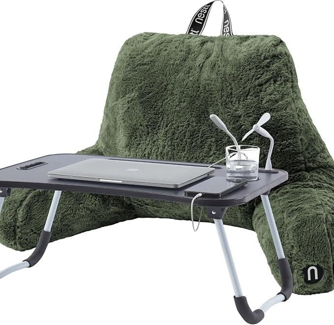 Nestl Fur Reading Pillow with Laptop Lap Desk, Stylish Back Pillow for Sitting Up, Lap Desk with Reading Pillows for Sitting in Bed Adult & Kids, Faux Fur Chair Pillow with Arms - Olive Green