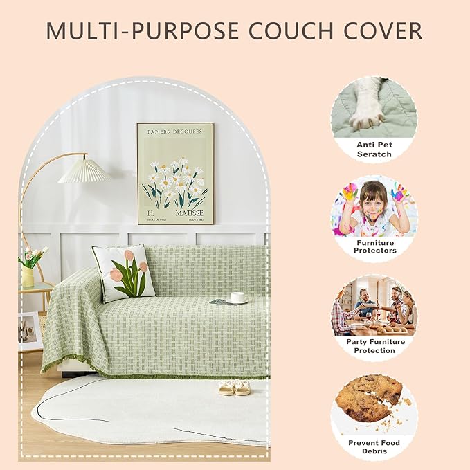 Green Couch Cover Blanket Cute Geometrical Jacquard Washable Sofa Cover for Extra Large Furniture for 3 Cushion Sofa L Shaped Sectional Couch Blanket 71"x 134"