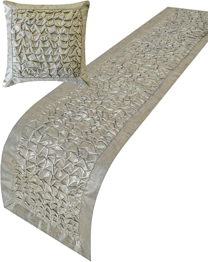 The HomeCentric King/Queen/Twin Silver Decorative Bed Runner CA King 86"x18" Bed Runner Without Pillow Cover, Foil, Knotted,Textured Bed Scarf on Jacquard Fabric - Polished Silver