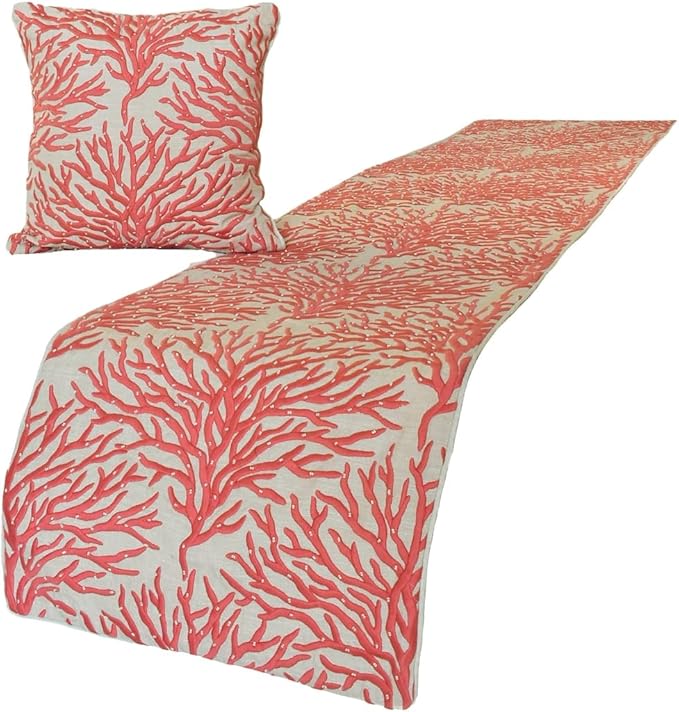 The HomeCentric King/Queen/Twin Coral, Peach & Pink Designer CA King 86"x18" Bed Runner with 2 Pillow Cover, Coral, Pearl Embroidery, Under The Sea & Beach Theme on Linen Fabric - Coraline Pearls