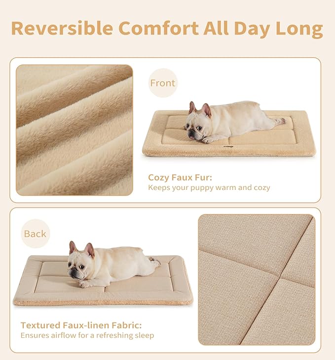 MADE 4 PETS Dog Crate Pad Bed for Medium Large Dogs, Washable & Reversible, Anti-Slip Kennel Mat for Cozy Sleeping, Soft Fluffy Dog Bed for Indoor & Outdoor Use, 35"x23", Khaki